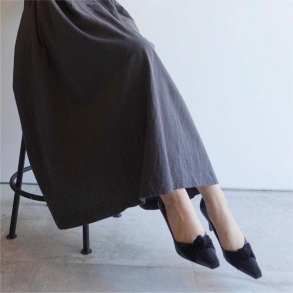 リボン付きパンプス ブラックパイソン ヘビ型押し PUMPS BLACK 黒 