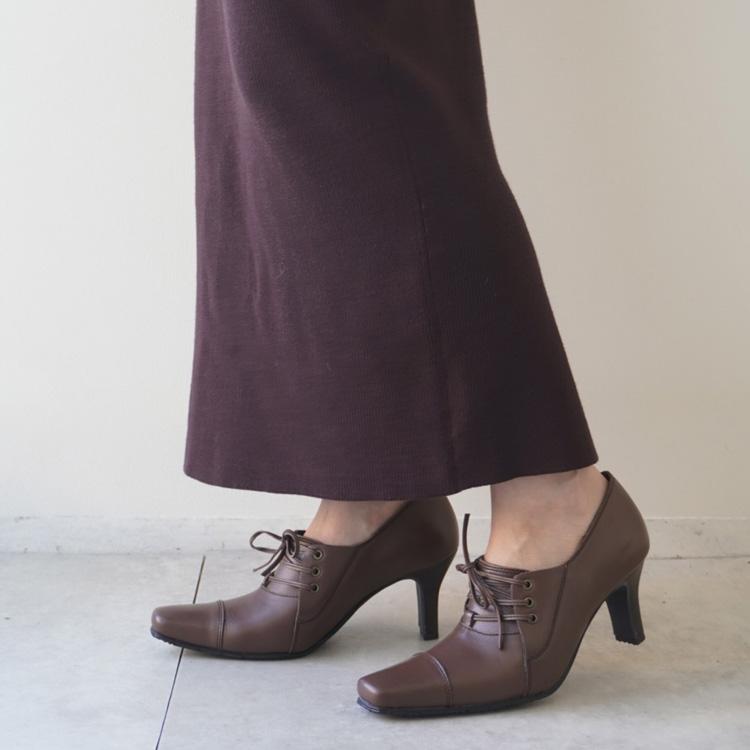 スクエアトゥレースアップパンプス PUMPS ブラウン・ブラック スクエアトゥレースアップパンプス PUMPS ブラウン・ブラック