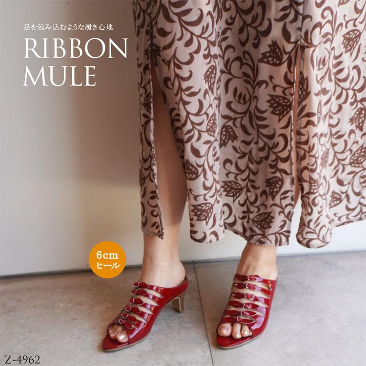 リボンミュール エナメル 赤 レッド アーモンドトゥ リボン ヒール6cm