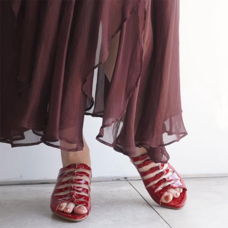 リボンミュール エナメル 赤 レッド アーモンドトゥ リボン ヒール6cm