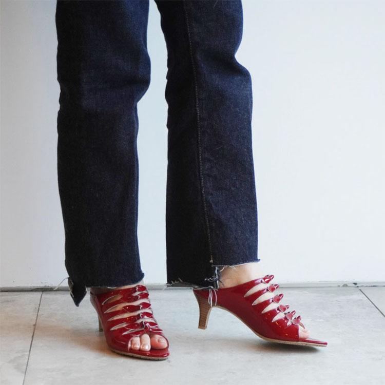 リボンミュール エナメル 赤 レッド アーモンドトゥ リボン ヒール6cm