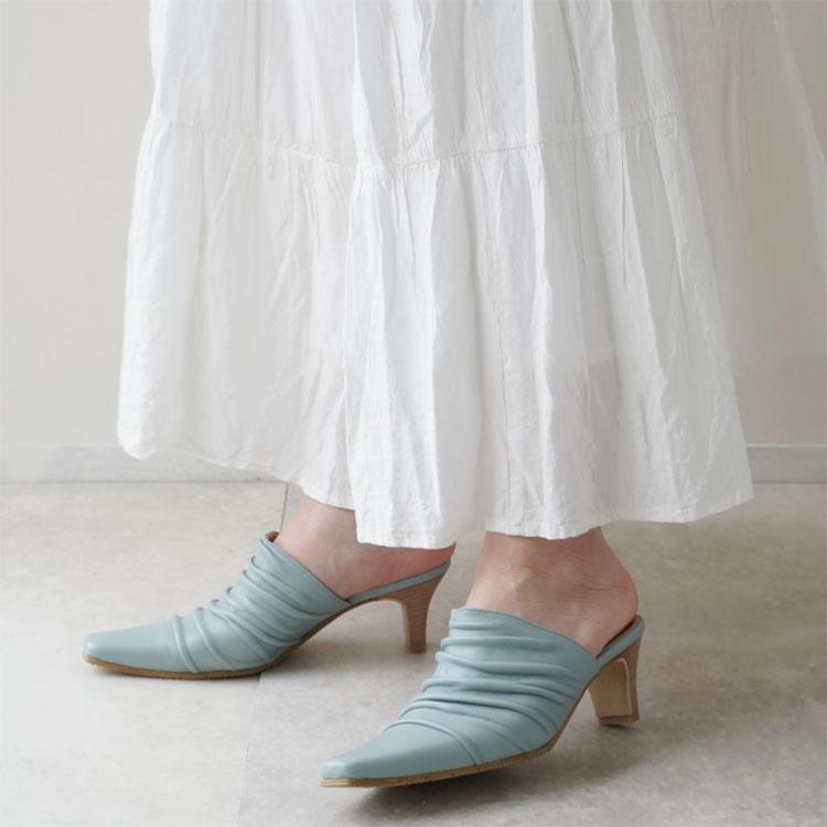 ミュール プリーツミュール ブラウン ベージュ サックスブルー