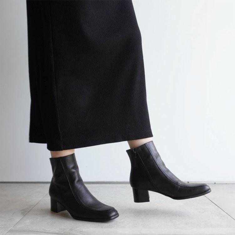 日本製 本革 スクエアトゥ ショートブーツ 黒・ダークブラウン