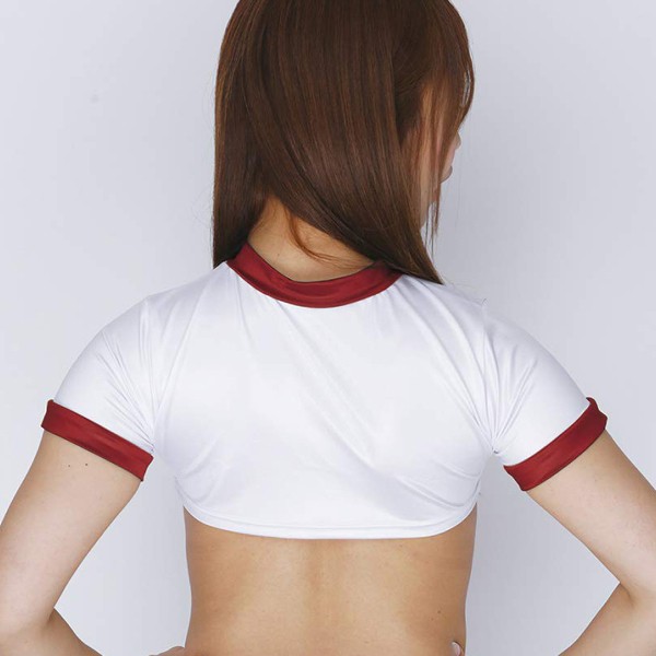 ぷれでたーらっと 光沢ストレッチ体操服半乳上着 【ネイビー袖×白ライン】 コスプレ 体操服 光沢ストレッチ体操服 下乳Tシャツ エンジ 体操