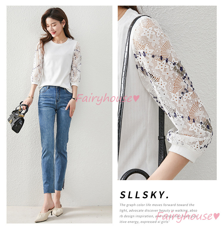 ブラウス レディース 40代 ゆったりシャツカジュアル オシャレブラウス 七分袖トップス 上品 大人 春夏新作 白レースシャツ 花プリントパフスリーブ 通勤ol 有名人芸能人 40代